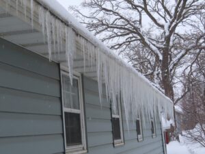 A row of long icicles hangs from the gutter of a light blue house, with snow-covered trees in the background.