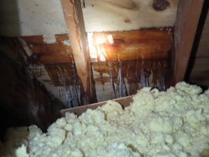 Icicles forming from melting ice on the underside of a wooden roof, with yellow insulation material in the foreground.